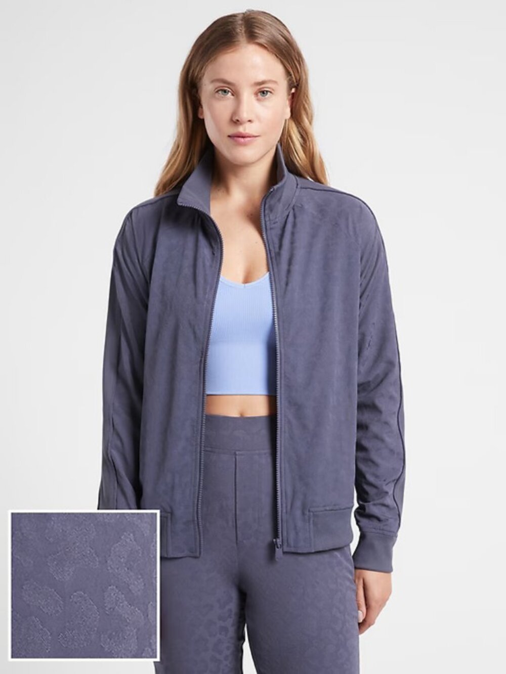 Athleta Brooklyn Bomber Jacquard Jacket Leopard Medieval Violet Size Medium